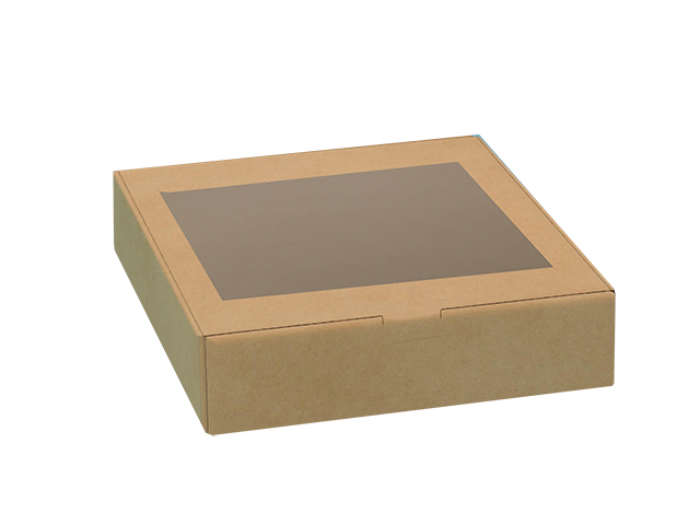 Картонная упаковка для макаронс, с прозрачной крышкой, из крафтового (бурого) микрогофрокартона, 200х200х70 мм