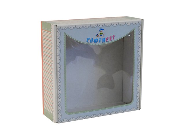 Квадратная коробка из картона с откидной крышкой, из цветного микрогофрокартона, с прозрачным окном и печатью, 240х240х60 мм