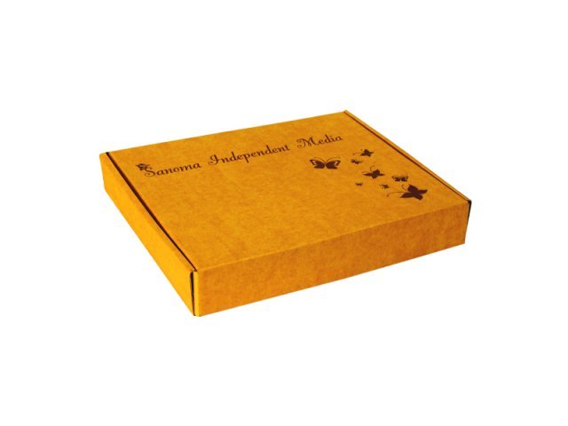 Плоская крафтовая (бурая) упаковка с откидывающейся крышкой, из трехслойного картона, с печатью, непрозрачная, 250х220х35 мм