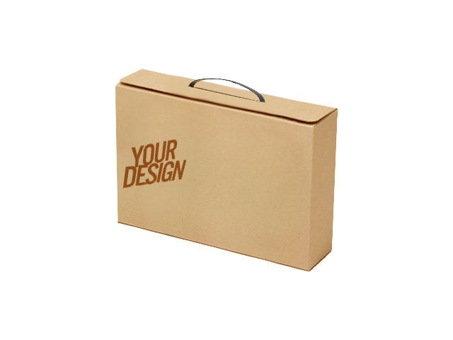 Непрозрачный картонный чемоданчик с ручкой и печатью, из бурого (крафтового) микрогофрокартона, 365х340х95 мм