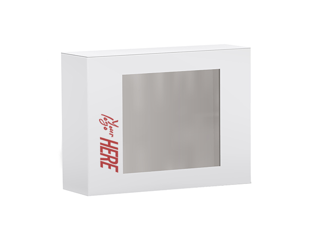 Картонная упаковка крышка-дно с напечатанным логотипом, из цветного микрогофрокартона, с прозрачным окном на крышке, 250х200х80 мм