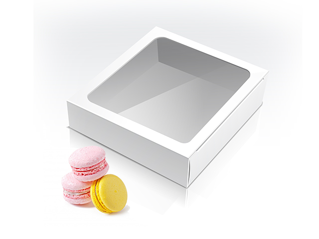 Упаковка из картона для 24 штук макаронс из белой мелованной микрогофры, с прозрачным окошком на крышке и разделителями для ячеек, 17x11x6 см