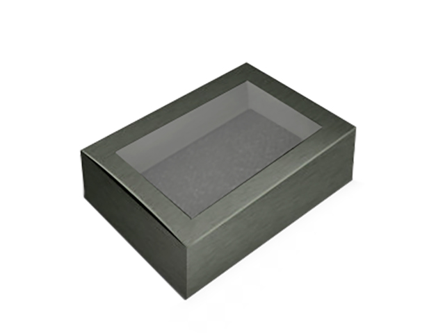 Картонная упаковка черного цвета с ушками на откидной крышке, из микрогофры, с прозрачным окном на крышке, 200х180х80 мм